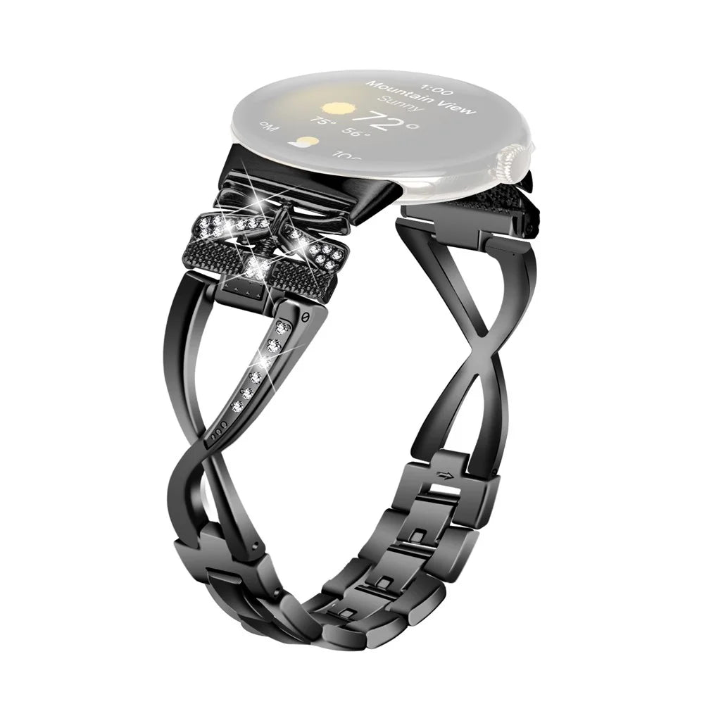 For Google Pixel Watch 4 41mm / Watch 3 41mm / Watch 2 / Watch Crown X-Shape Rhinestones Decor Watch Strap Zinc Alloy Wrist Band - Black - 1