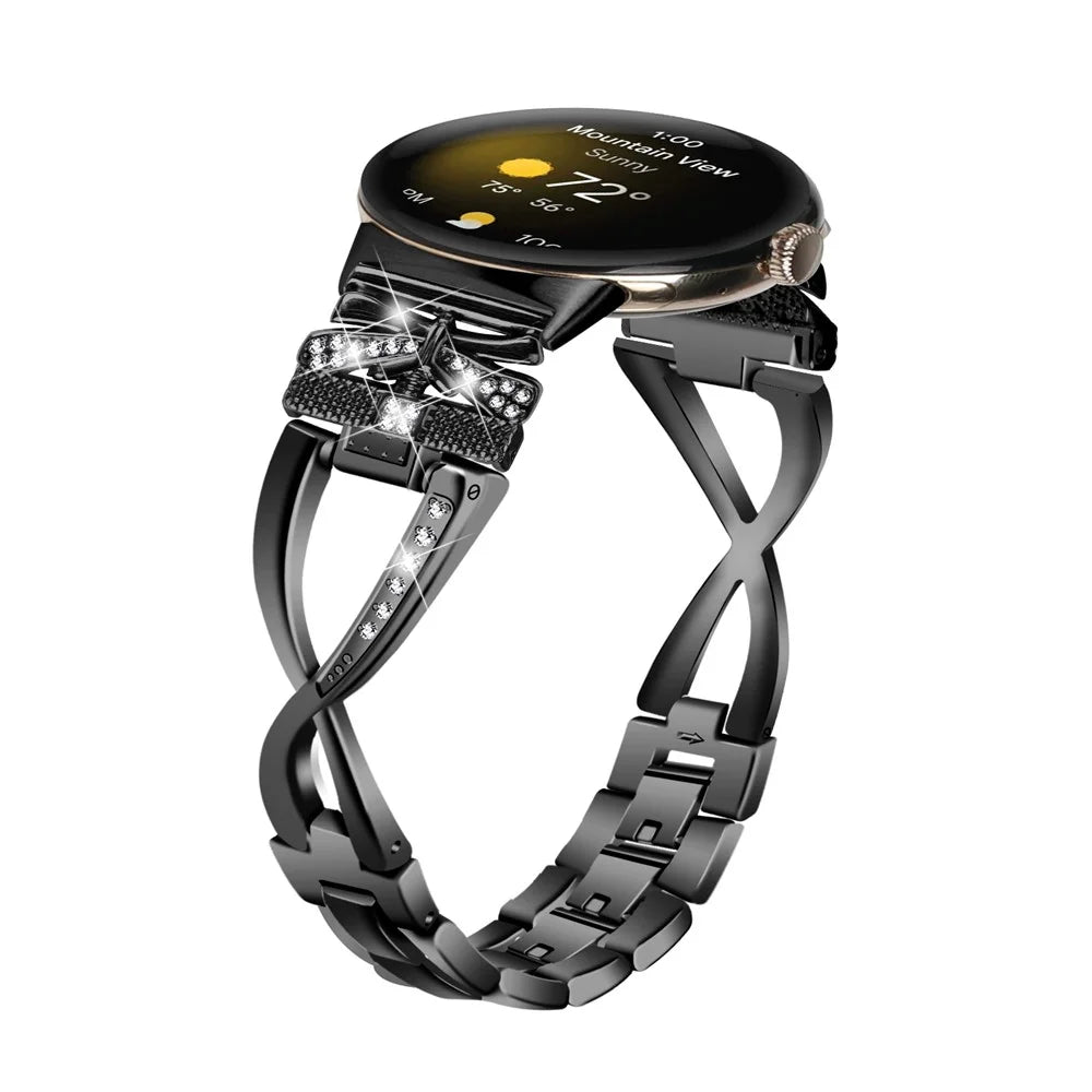 For Google Pixel Watch 4 41mm / Watch 3 41mm / Watch 2 / Watch Crown X-Shape Rhinestones Decor Watch Strap Zinc Alloy Wrist Band - Black - 2