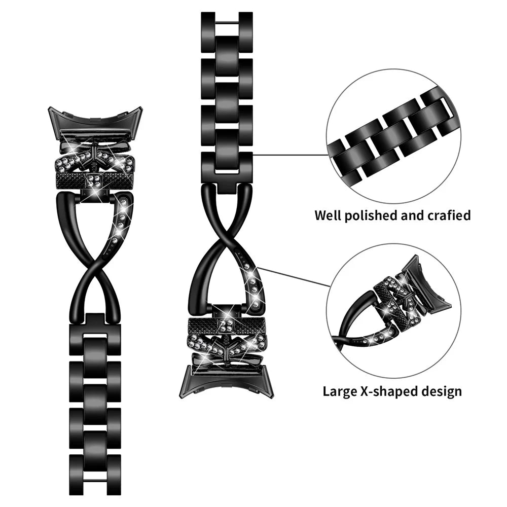 For Google Pixel Watch 4 41mm / Watch 3 41mm / Watch 2 / Watch Crown X-Shape Rhinestones Decor Watch Strap Zinc Alloy Wrist Band - Black - 4