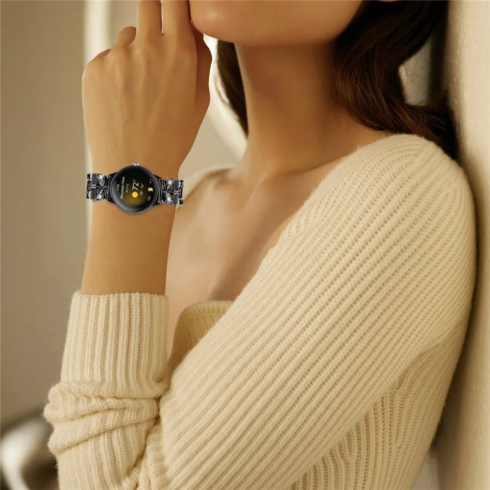 For Google Pixel Watch 4 41mm / Watch 3 41mm / Watch 2 / Watch Crown X-Shape Rhinestones Decor Watch Strap Zinc Alloy Wrist Band - Black - 7