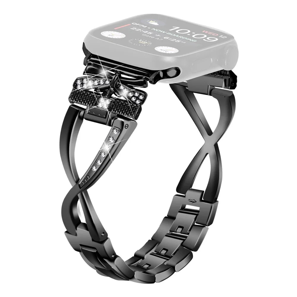 For Apple Watch Ultra 3 2 1 49mm / Series 11 10 46mm / 9 8 7 45mm / SE3 SE2 SE 6 5 4 44mm / 3 2 1 42mm Crown X-Shape Rhinestones Decor Strap Zinc Alloy Watch Band - Black - 1