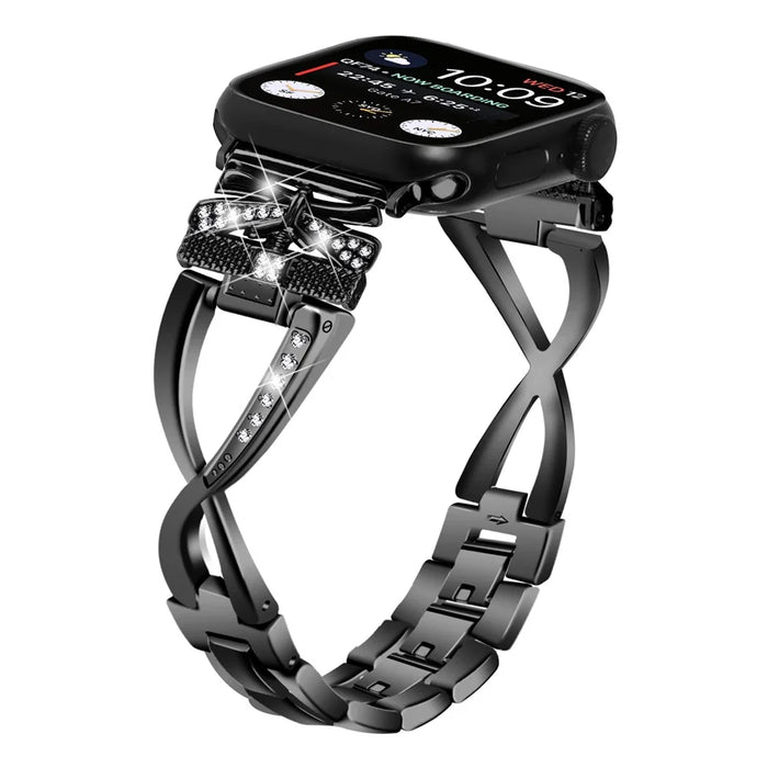For Apple Watch Ultra 3 2 1 49mm / Series 11 10 46mm / 9 8 7 45mm / SE3 SE2 SE 6 5 4 44mm / 3 2 1 42mm Crown X-Shape Rhinestones Decor Strap Zinc Alloy Watch Band - Black - 2