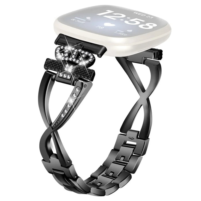 For Fitbit Versa 3 / Sense Rhinestones Decor Crown X-shape Watch Band Zinc Alloy Replace Strap - Black - 1