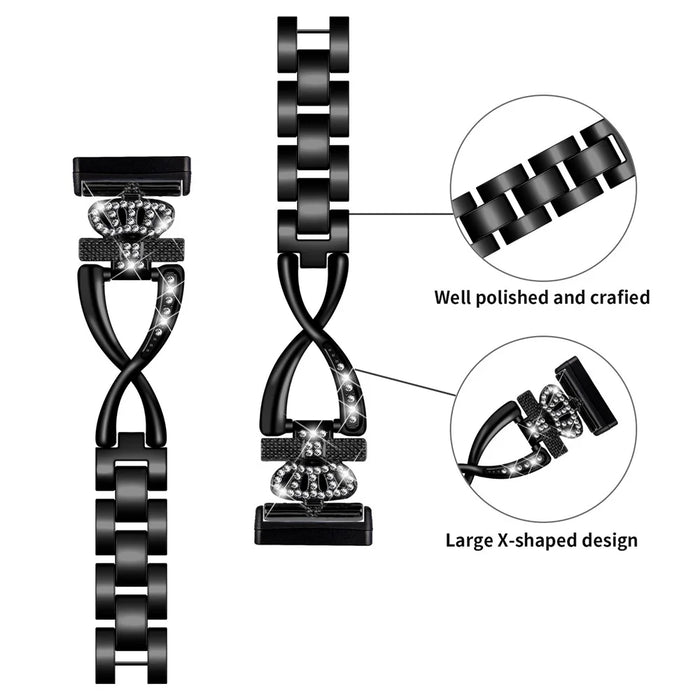 For Fitbit Versa 3 / Sense Rhinestones Decor Crown X-shape Watch Band Zinc Alloy Replace Strap - Black - 4