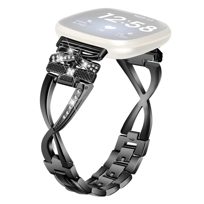 For Fitbit Versa 4 / Sense 2 Zinc Alloy Strap Rhinestones Decor Crown X-shape Smartwatch Band - Black - 1