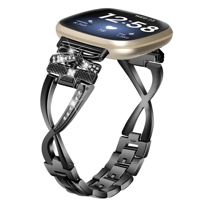 For Fitbit Versa 4 / Sense 2 Zinc Alloy Strap Rhinestones Decor Crown X-shape Smartwatch Band - Black - 2