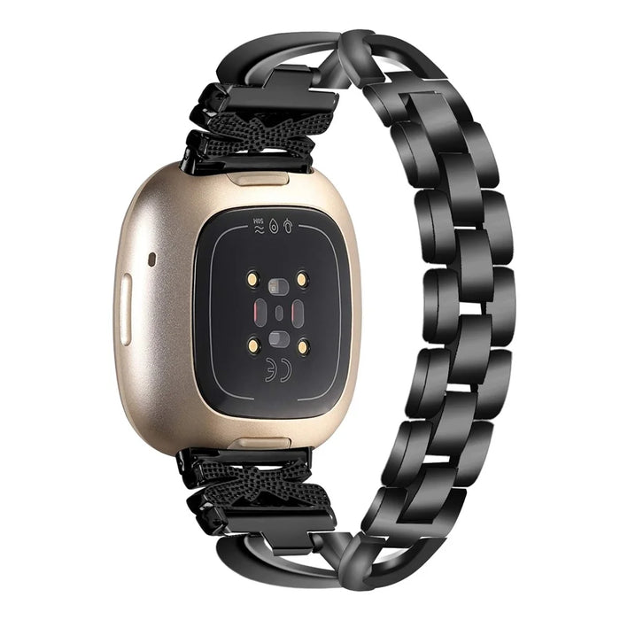 For Fitbit Versa 4 / Sense 2 Zinc Alloy Strap Rhinestones Decor Crown X-shape Smartwatch Band - Black - 3