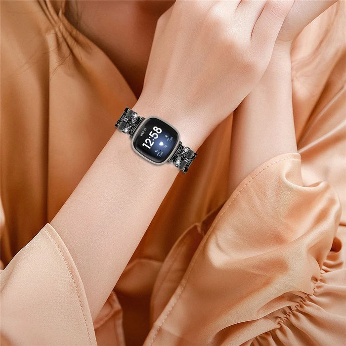 For Fitbit Versa 4 / Sense 2 Zinc Alloy Strap Rhinestones Decor Crown X-shape Smartwatch Band - Black - 5