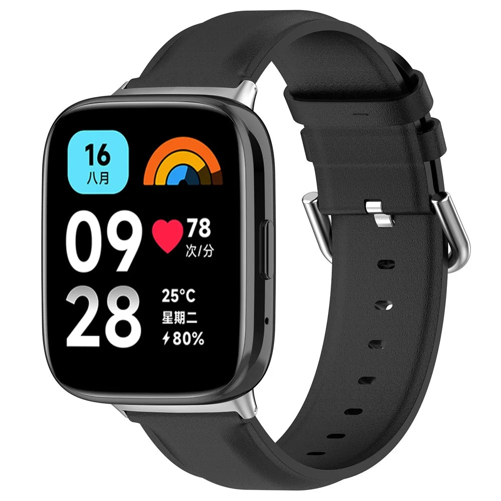 Watch Band for Xiaomi Redmi Watch 3 Active / Redmi Watch 3 Lite , Genuine Cow Leather Wrist Straps with Connector - Black - 5