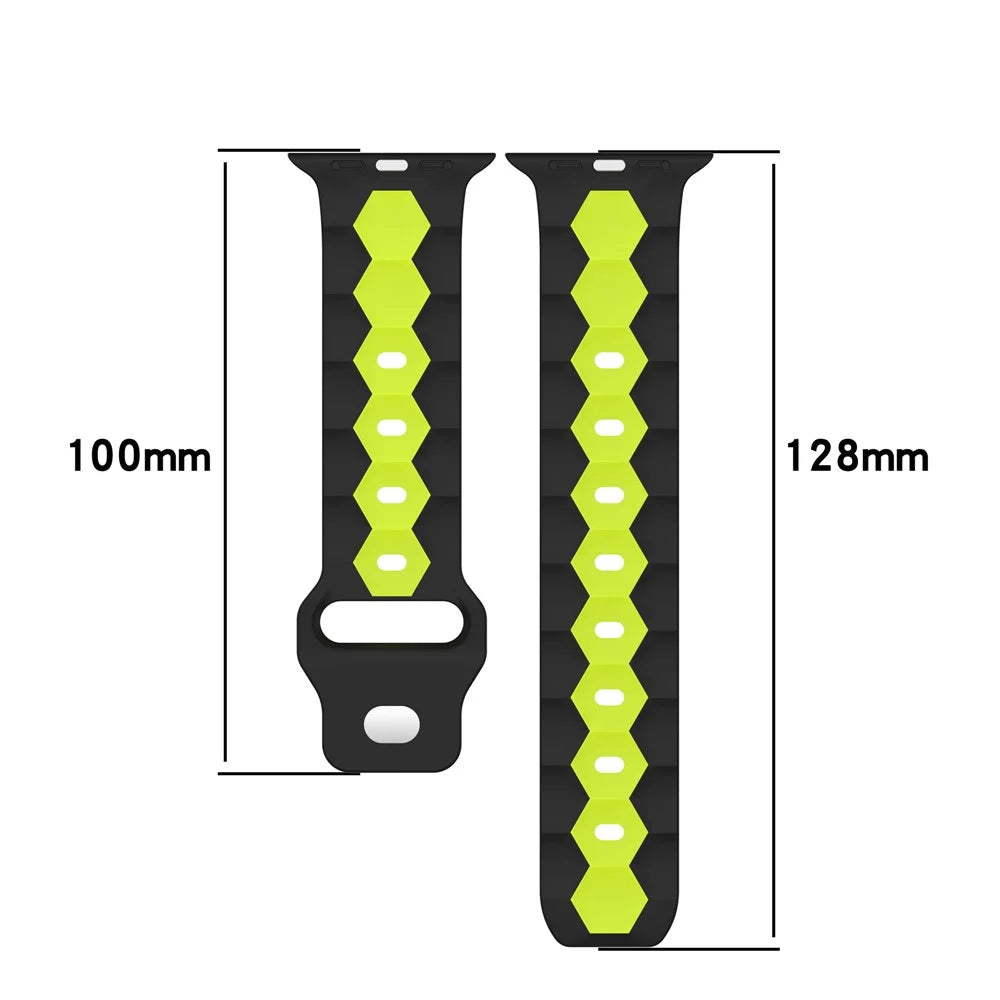 Watch Strap for Apple Watch Series 11 10 42mm / 9 8 7 41mm / SE3 SE2 SE 6 5 4 40mm / 3 2 1 38mm Silicone Band (Football Pattern) - Black+Lime - 5