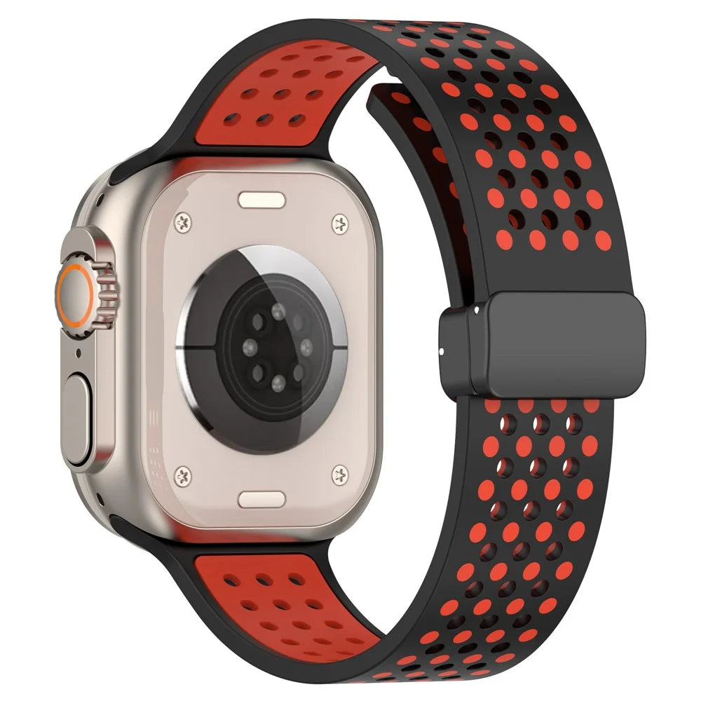 Silicone Watch Bands for Apple Watch Series 11 10 42mm / 9 8 7 41mm / SE3 SE2 SE 6 5 4 40mm / 3 2 1 38mm Dual-Color Magnetic Strap - Black+Red - 1