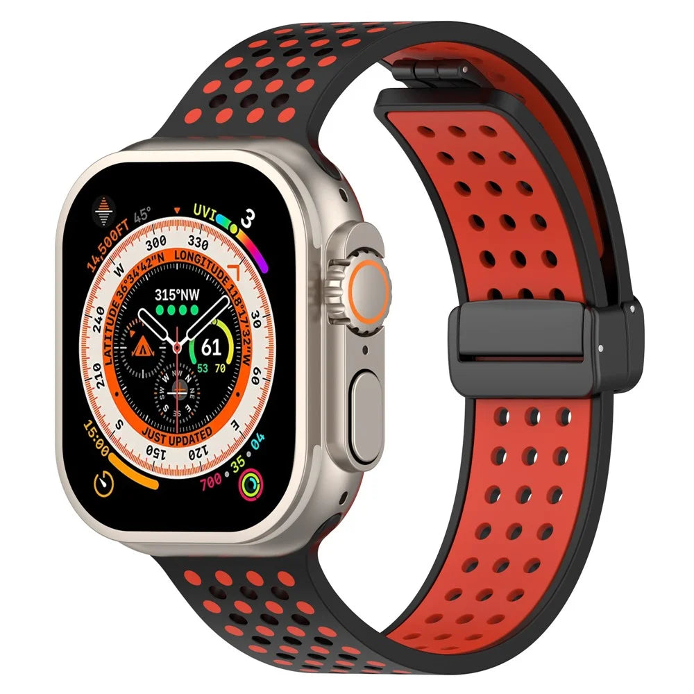 Silicone Watch Bands for Apple Watch Series 11 10 42mm / 9 8 7 41mm / SE3 SE2 SE 6 5 4 40mm / 3 2 1 38mm Dual-Color Magnetic Strap - Black+Red - 4