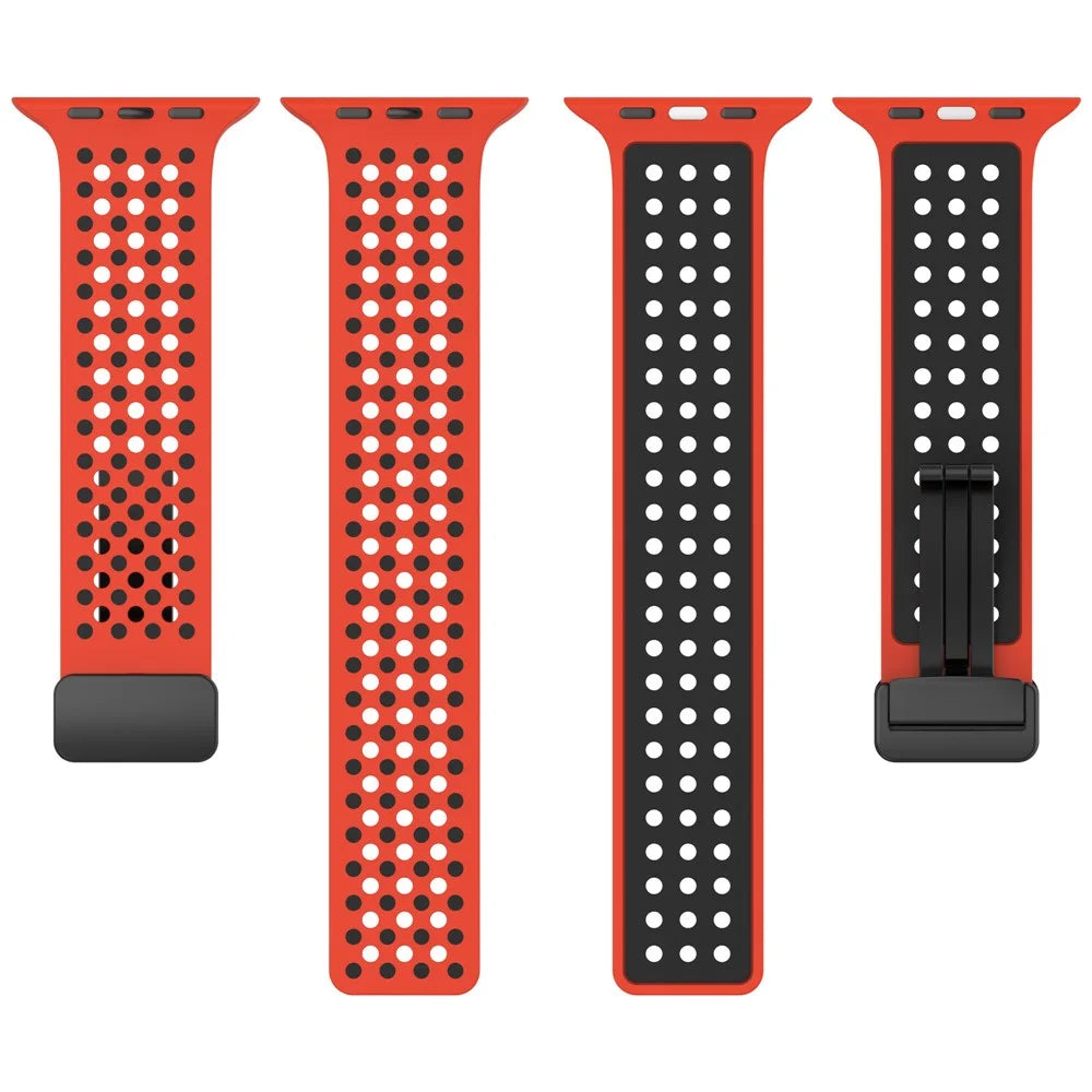 Silicone Watch Bands for Apple Watch Series 11 10 42mm / 9 8 7 41mm / SE3 SE2 SE 6 5 4 40mm / 3 2 1 38mm Dual-Color Magnetic Strap - Black+Red - 5