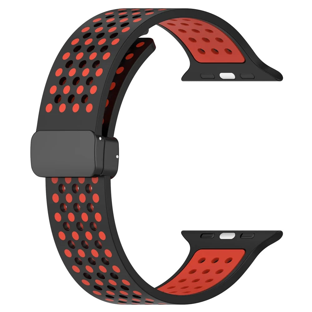 Magnetic Watch Bands for Apple Watch Ultra 3 2 1 49mm / Series 11 10 46mm / 9 8 7 45mm / SE3 SE2 SE 6 5 4 44mm / 3 2 1 42mm , Dual-Color Silicone Strap - Black+Red - 2