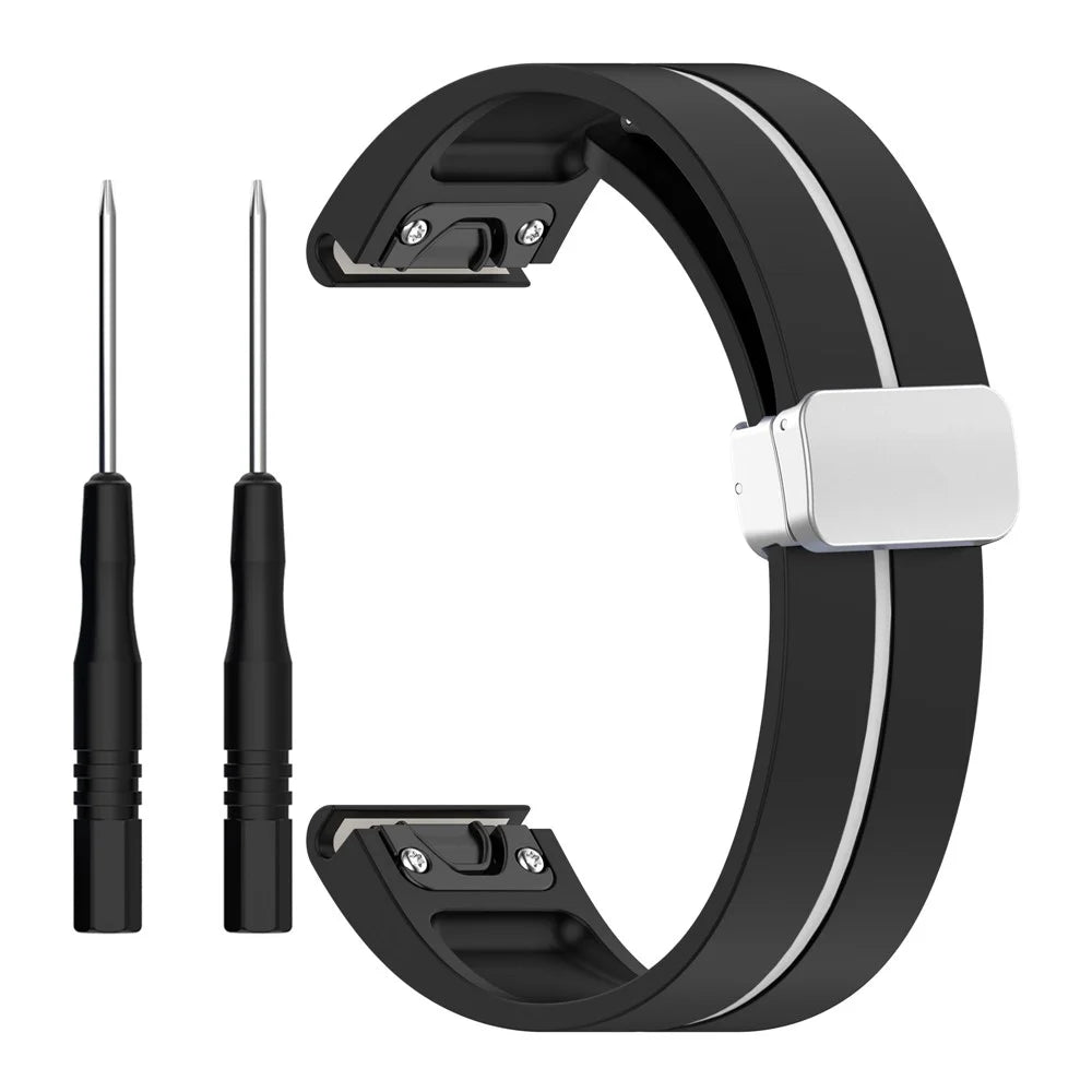 For Garmin Descent MK3 43mm / MK3i 43mm /  Fenix 7S / 6S / 5S Magnetic Watchband 20mm Silicone Watch Strap with Silver Buckle - Black / White - 1