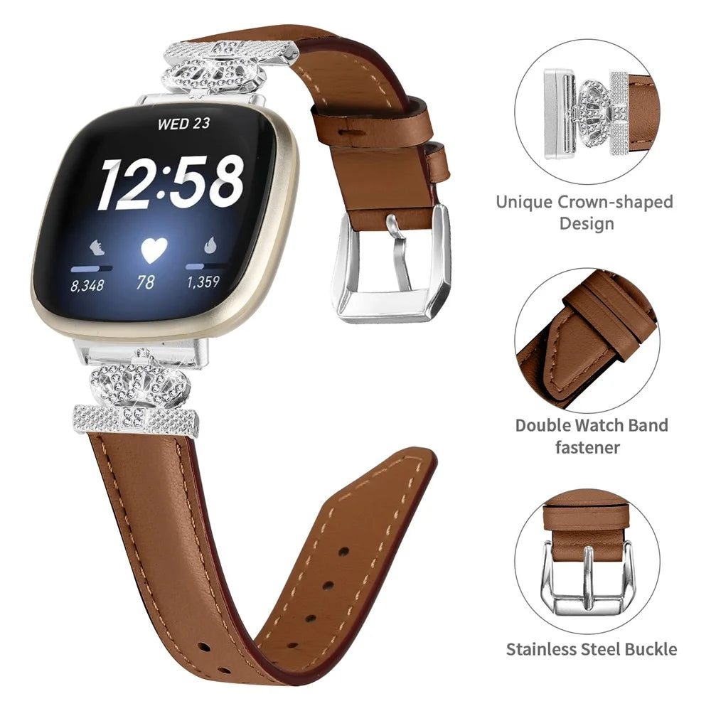 For Fitbit Versa 3 / 4 / Sense 2 Watch Band Crown Connector Replacement Strap with Silver Buckle - Brown - 3