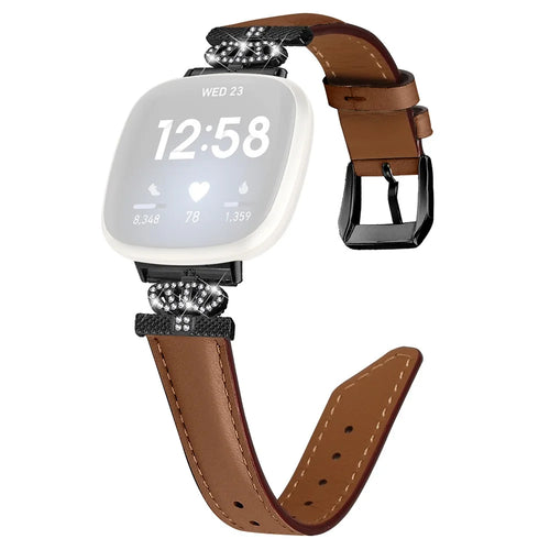 For Fitbit Versa 3 / Versa 4 / Sense / Sense 2 Black Buckle Watch Strap Genuine Cowhide Leather Wristband - Brown - 1