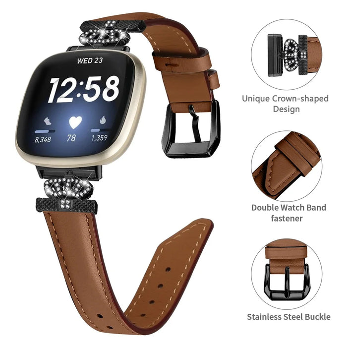 For Fitbit Versa 3 / Versa 4 / Sense / Sense 2 Black Buckle Watch Strap Genuine Cowhide Leather Wristband - Brown - 3