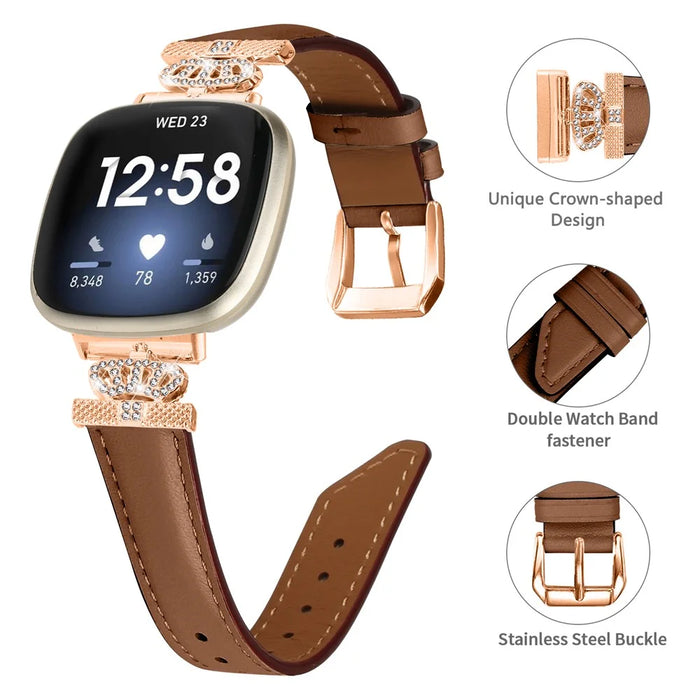 For Fitbit Versa 3 / Versa 4 / Sense / Sense 2 Rose Gold Buckle Watch Band Crown Rhinestone Wrist Strap - Brown - 3
