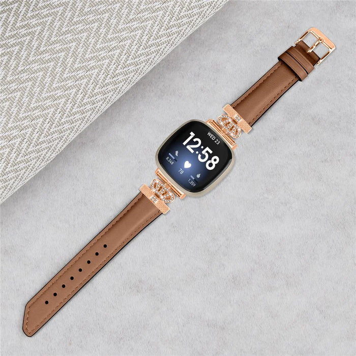 For Fitbit Versa 3 / Versa 4 / Sense / Sense 2 Rose Gold Buckle Watch Band Crown Rhinestone Wrist Strap - Brown - 4