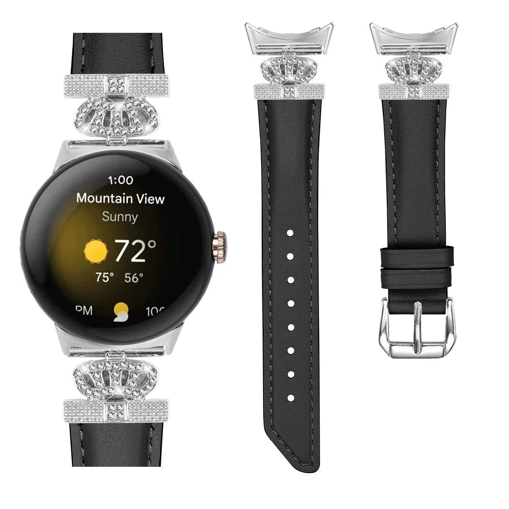Silver Buckle Band for Google Pixel Watch 4 41mm / Watch 3 41mm / Watch 2 / Watch Crown Rhinestone Decor Genuine Cowhide Leather Wrist Strap - Black - 2