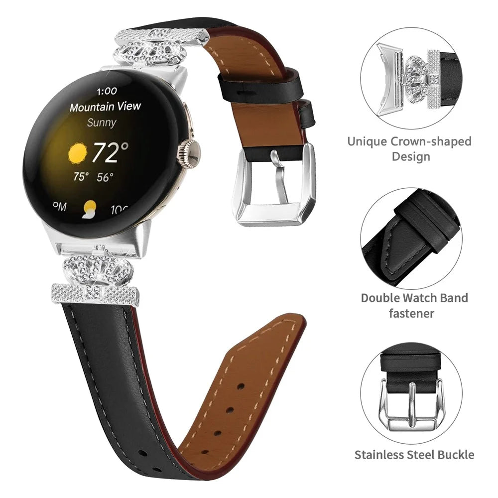 Silver Buckle Band for Google Pixel Watch 4 41mm / Watch 3 41mm / Watch 2 / Watch Crown Rhinestone Decor Genuine Cowhide Leather Wrist Strap - Black - 3