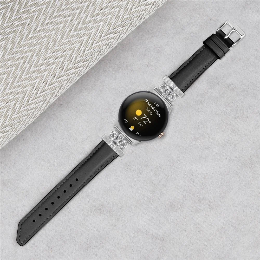 Silver Buckle Band for Google Pixel Watch 4 41mm / Watch 3 41mm / Watch 2 / Watch Crown Rhinestone Decor Genuine Cowhide Leather Wrist Strap - Black - 4
