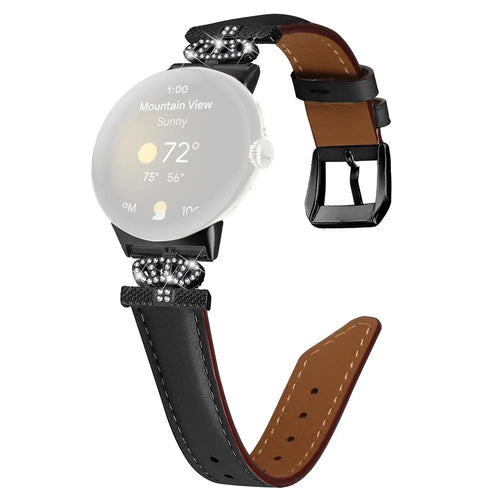 Black Buckle Watch Strap for Google Pixel Watch 4 41mm / Watch 3 41mm / Watch 2 / Watch Genuine Cowhide Leather Band with Crown Rhinestone - Black - 1