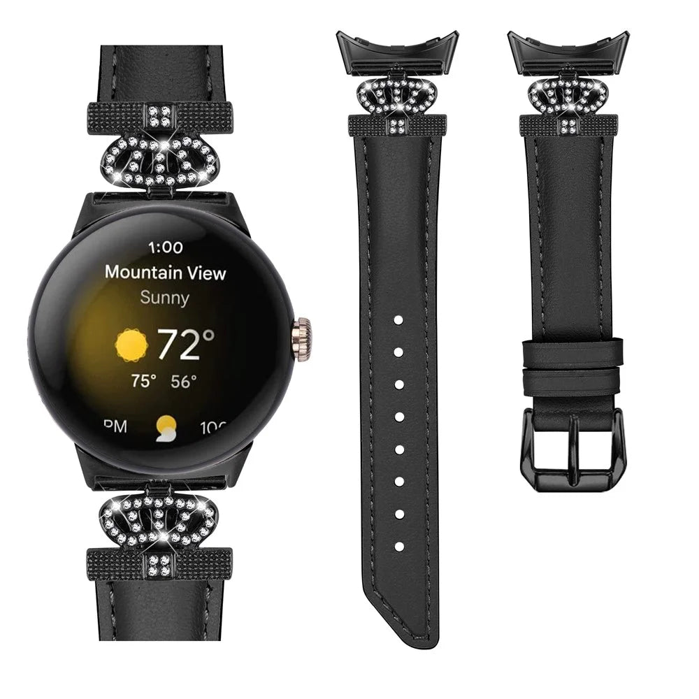 Black Buckle Watch Strap for Google Pixel Watch 4 41mm / Watch 3 41mm / Watch 2 / Watch Genuine Cowhide Leather Band with Crown Rhinestone - Black - 2