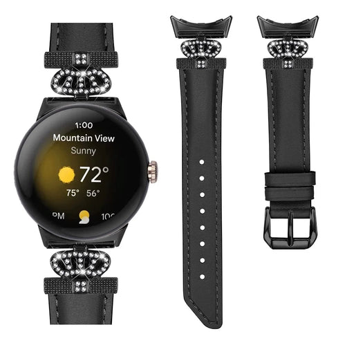 Black Buckle Watch Strap for Google Pixel Watch 4 41mm / Watch 3 41mm / Watch 2 / Watch Genuine Cowhide Leather Band with Crown Rhinestone - Black - 2