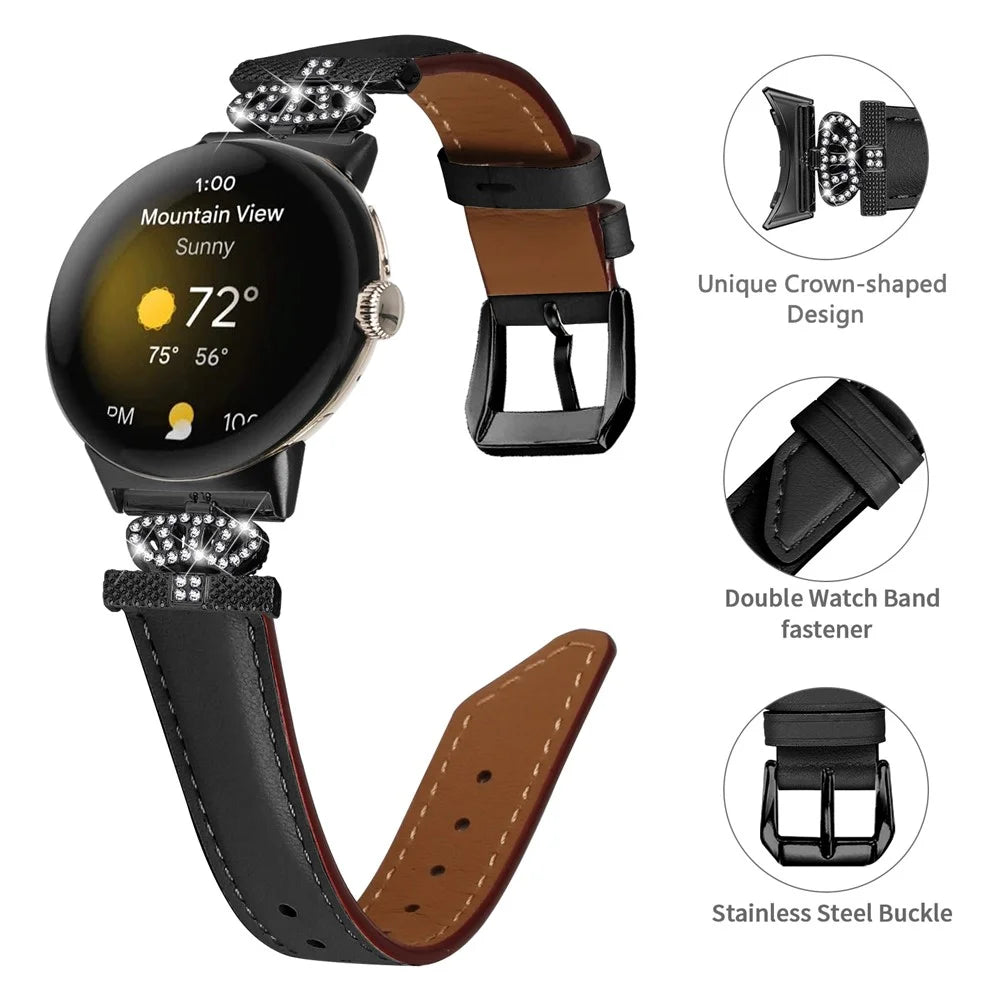 Black Buckle Watch Strap for Google Pixel Watch 4 41mm / Watch 3 41mm / Watch 2 / Watch Genuine Cowhide Leather Band with Crown Rhinestone - Black - 3
