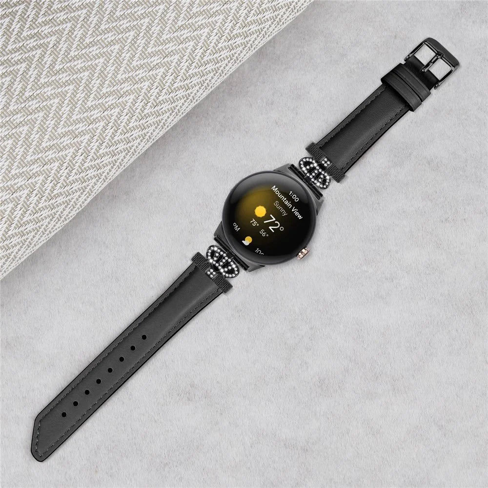 Black Buckle Watch Strap for Google Pixel Watch 4 41mm / Watch 3 41mm / Watch 2 / Watch Genuine Cowhide Leather Band with Crown Rhinestone - Black - 4