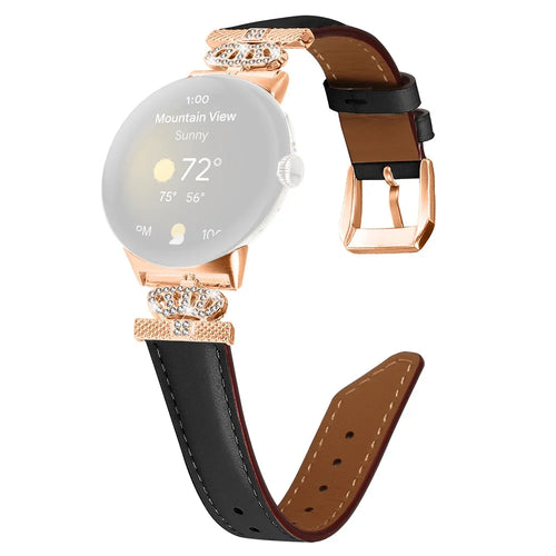 Rose Gold Buckle Watch Band for Google Pixel Watch 4 41mm / Watch 3 41mm / Watch 2 / Watch Crown Rhinestone Genuine Cowhide Leather Strap - Black - 1