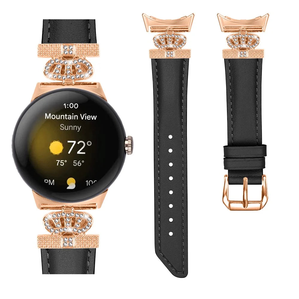 Rose Gold Buckle Watch Band for Google Pixel Watch 4 41mm / Watch 3 41mm / Watch 2 / Watch Crown Rhinestone Genuine Cowhide Leather Strap - Black - 2