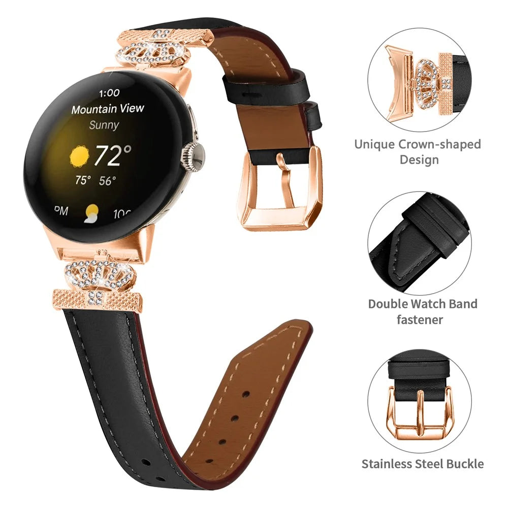 Rose Gold Buckle Watch Band for Google Pixel Watch 4 41mm / Watch 3 41mm / Watch 2 / Watch Crown Rhinestone Genuine Cowhide Leather Strap - Black - 3
