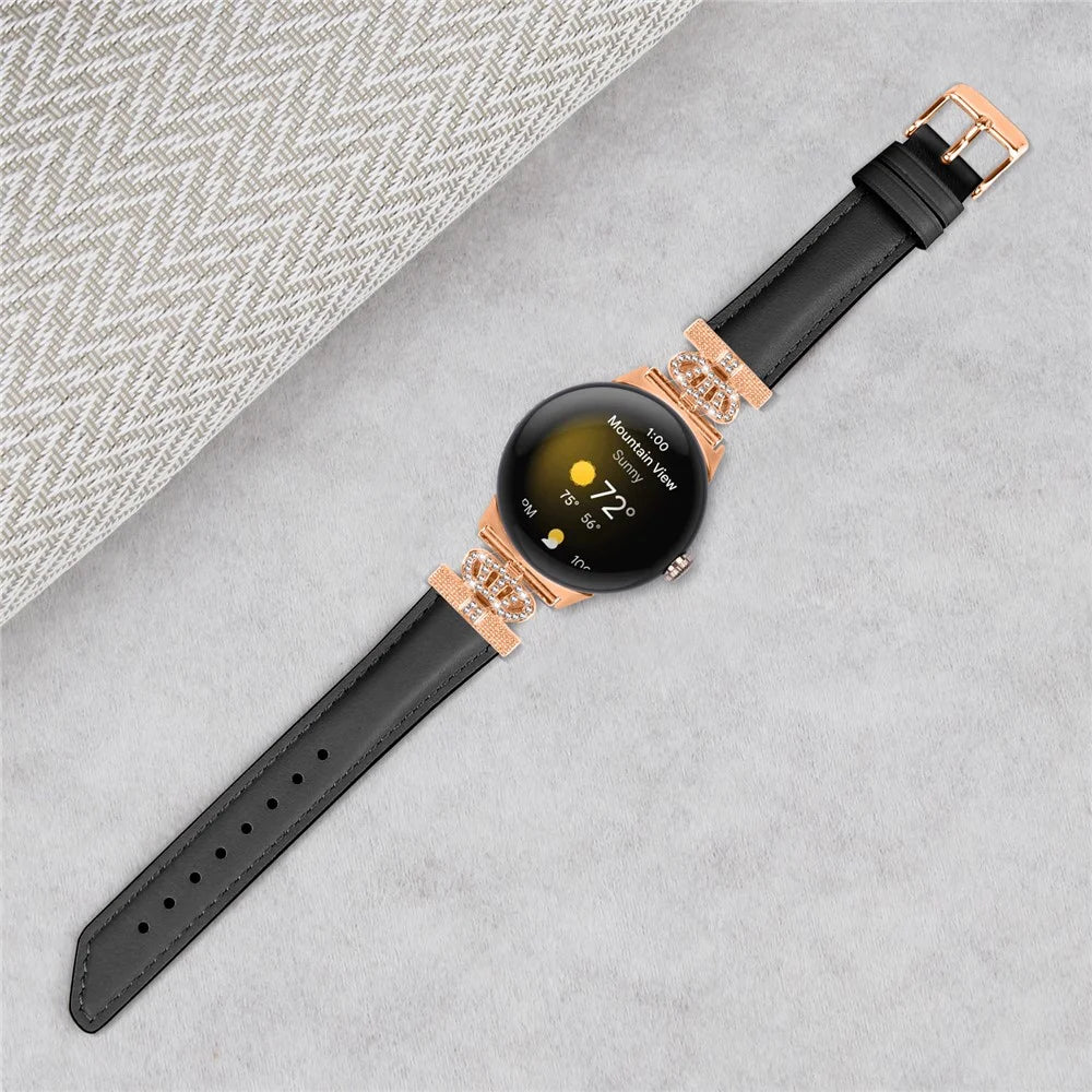 Rose Gold Buckle Watch Band for Google Pixel Watch 4 41mm / Watch 3 41mm / Watch 2 / Watch Crown Rhinestone Genuine Cowhide Leather Strap - Black - 4