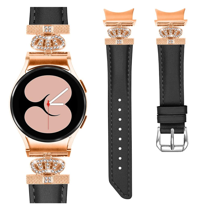 Watch Band for Samsung Galaxy Watch6 40mm 44mm / Watch6 Classic 43mm 47mm Rhinestone Crown Connector Bracelet with Rose Gold Buckle - Black - 2