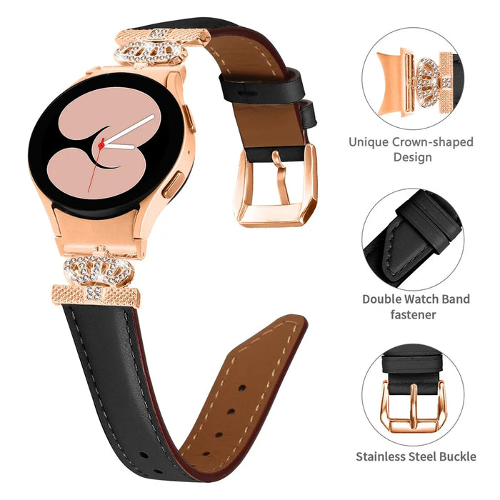 Watch Band for Samsung Galaxy Watch6 40mm 44mm / Watch6 Classic 43mm 47mm Rhinestone Crown Connector Bracelet with Rose Gold Buckle - Black - 3