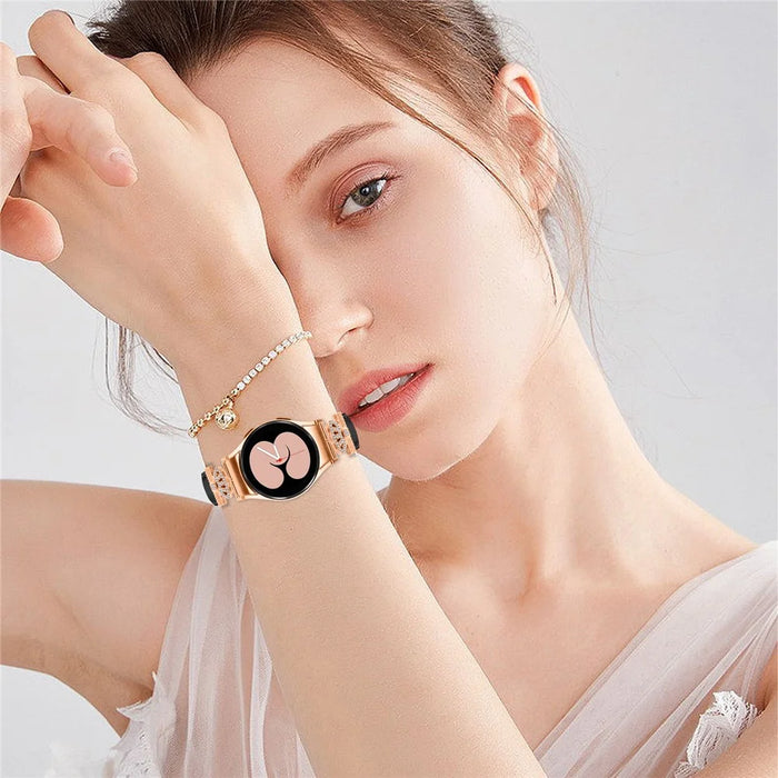 Watch Band for Samsung Galaxy Watch6 40mm 44mm / Watch6 Classic 43mm 47mm Rhinestone Crown Connector Bracelet with Rose Gold Buckle - Black - 6