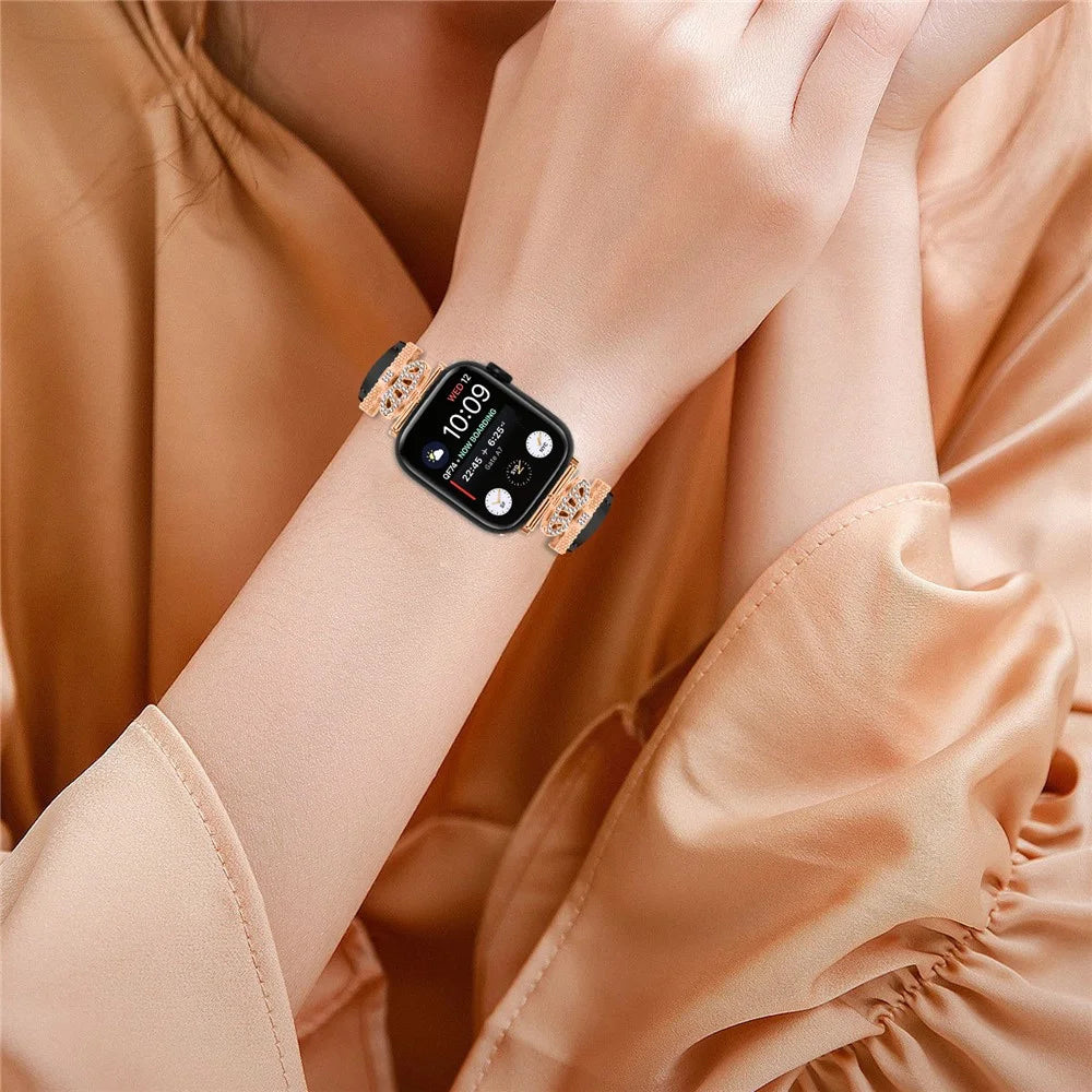 Rhinestone Band for Apple Watch Ultra 3 2 1 49mm / Series 11 10 46mm / 9 8 7 45mm / SE3 SE2 SE 6 5 4 44mm / 3 2 1 42mm Dressy Watch Strap with Rose Gold Buckle - Black - 5