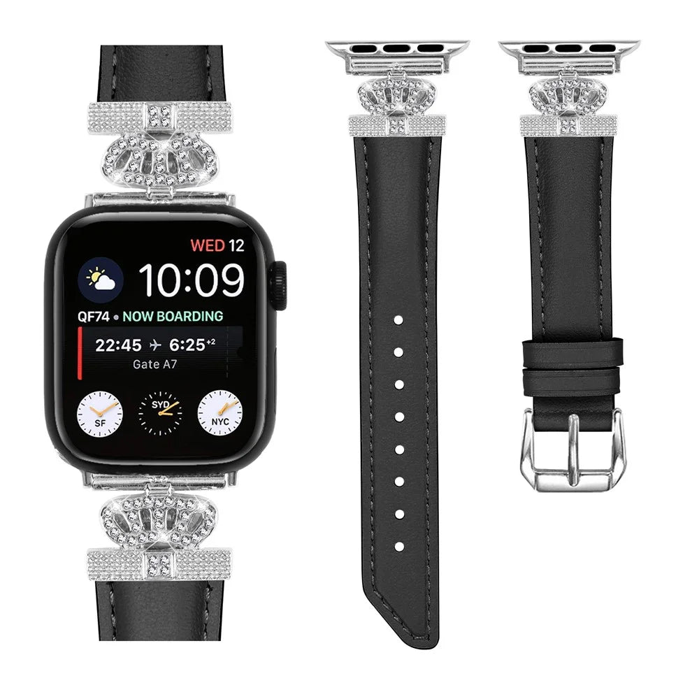 Silver Buckle Watch Band for Apple Watch Ultra 3 2 1 49mm / Series 11 10 46mm / 9 8 7 45mm / SE3 SE2 SE 6 5 4 44mm / 3 2 1 42mm Rhinestone Bracelet Strap - Black - 2