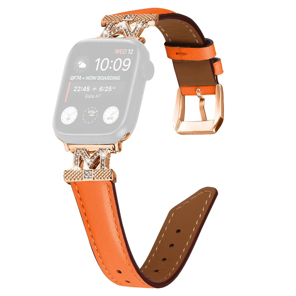 Watch Band for Apple Watch Ultra 3 2 1 49mm / Series 11 10 46mm / 9 8 7 45mm / SE3 SE2 SE 6 5 4 44mm / 3 2 1 42mm Rhinestone M-Shape Connector Strap with Rose Gold Buckle - Orange - 1