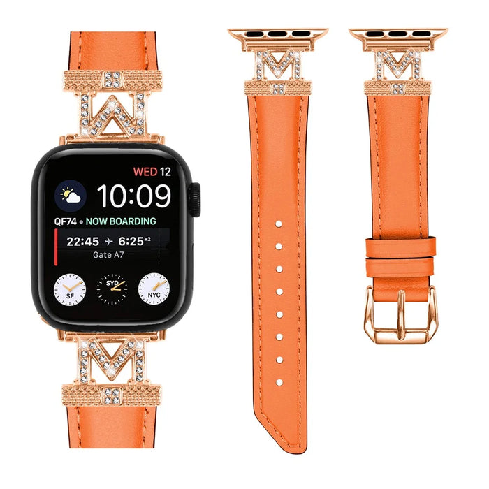 Watch Band for Apple Watch Ultra 3 2 1 49mm / Series 11 10 46mm / 9 8 7 45mm / SE3 SE2 SE 6 5 4 44mm / 3 2 1 42mm Rhinestone M-Shape Connector Strap with Rose Gold Buckle - Orange - 2