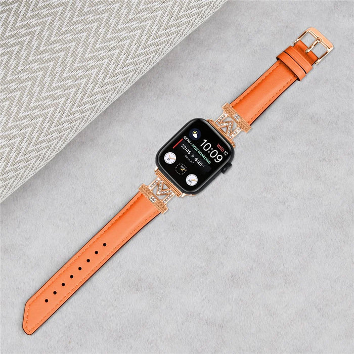 Watch Band for Apple Watch Ultra 3 2 1 49mm / Series 11 10 46mm / 9 8 7 45mm / SE3 SE2 SE 6 5 4 44mm / 3 2 1 42mm Rhinestone M-Shape Connector Strap with Rose Gold Buckle - Orange - 4
