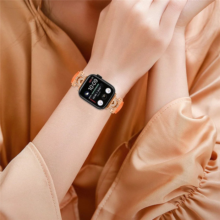 Watch Band for Apple Watch Ultra 3 2 1 49mm / Series 11 10 46mm / 9 8 7 45mm / SE3 SE2 SE 6 5 4 44mm / 3 2 1 42mm Rhinestone M-Shape Connector Strap with Rose Gold Buckle - Orange - 5