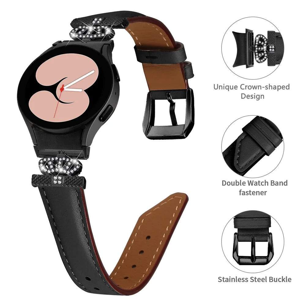Black Buckle Watch Band for Samsung Galaxy Watch 5 / Watch4 44mm 40mm , Crown-shape Connector Rhinestone Strap - Black - 3