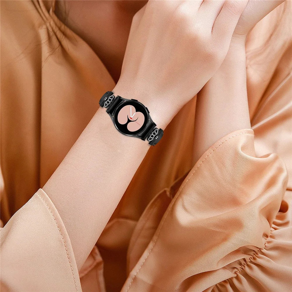 Black Buckle Watch Band for Samsung Galaxy Watch 5 / Watch4 44mm 40mm , Crown-shape Connector Rhinestone Strap - Black - 5
