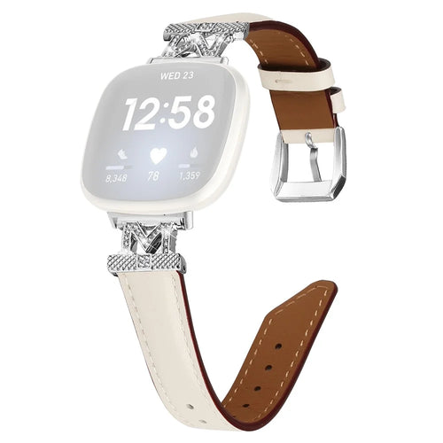 For Fitbit Versa 3 / Versa 4 / Sense / Sense 2 M Shape Rhinestone Decor Genuine Cowhide Leather Watch Strap with Silver Buckle - Apricot - 1
