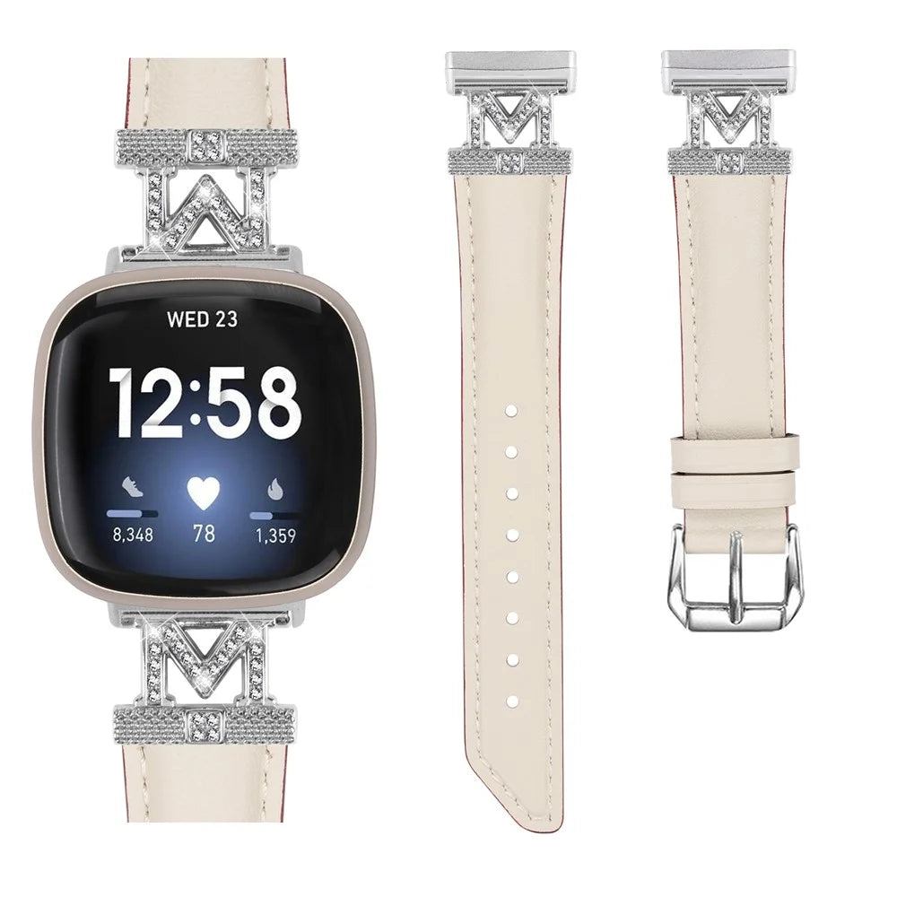 For Fitbit Versa 3 / Versa 4 / Sense / Sense 2 M Shape Rhinestone Decor Genuine Cowhide Leather Watch Strap with Silver Buckle - Apricot - 2
