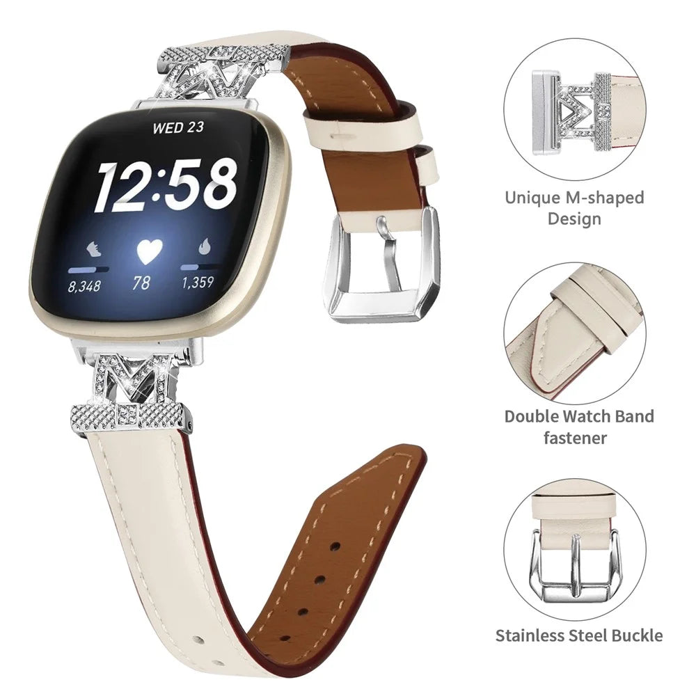 For Fitbit Versa 3 / Versa 4 / Sense / Sense 2 M Shape Rhinestone Decor Genuine Cowhide Leather Watch Strap with Silver Buckle - Apricot - 3